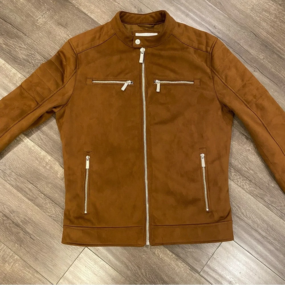 🔥 Zara Faux Suede Biker Jacket in Tan / Brown - Medium - Picture 1 of 5